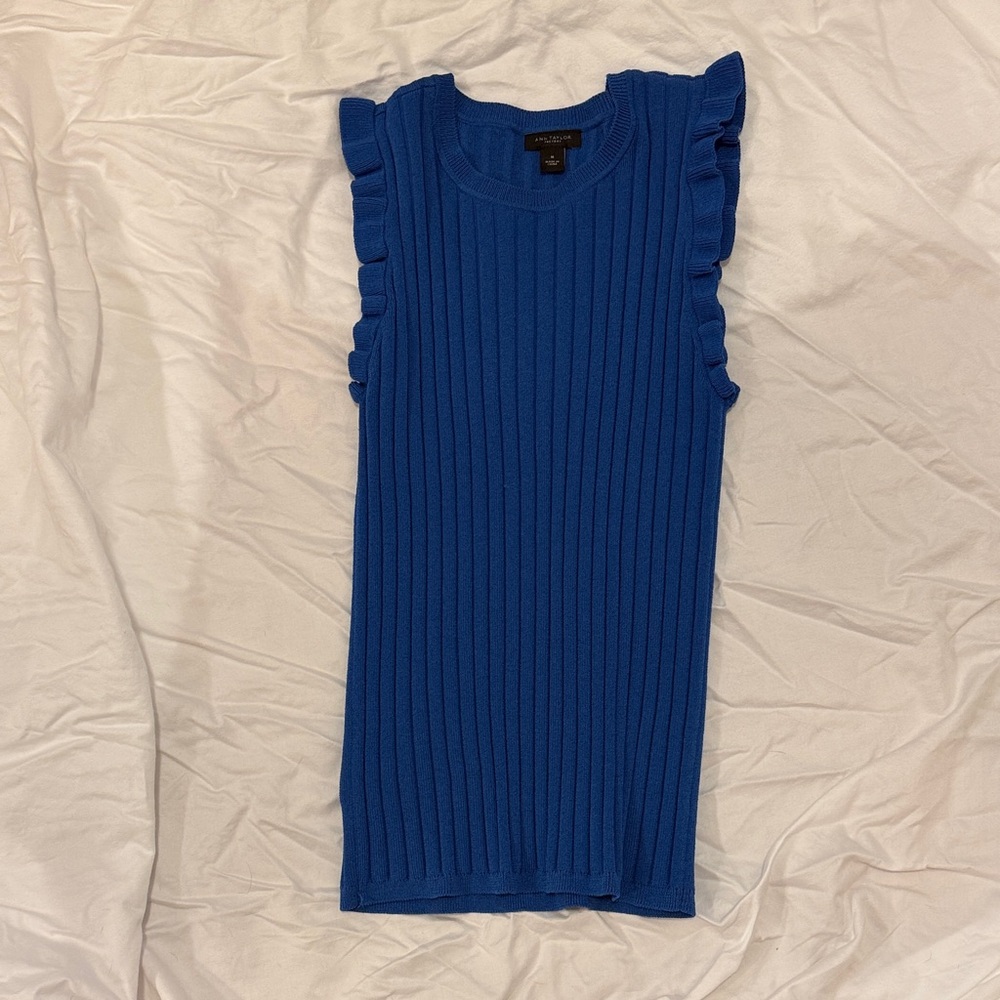 Ann Taylor Blue Ruffled Ribbed Tank Top